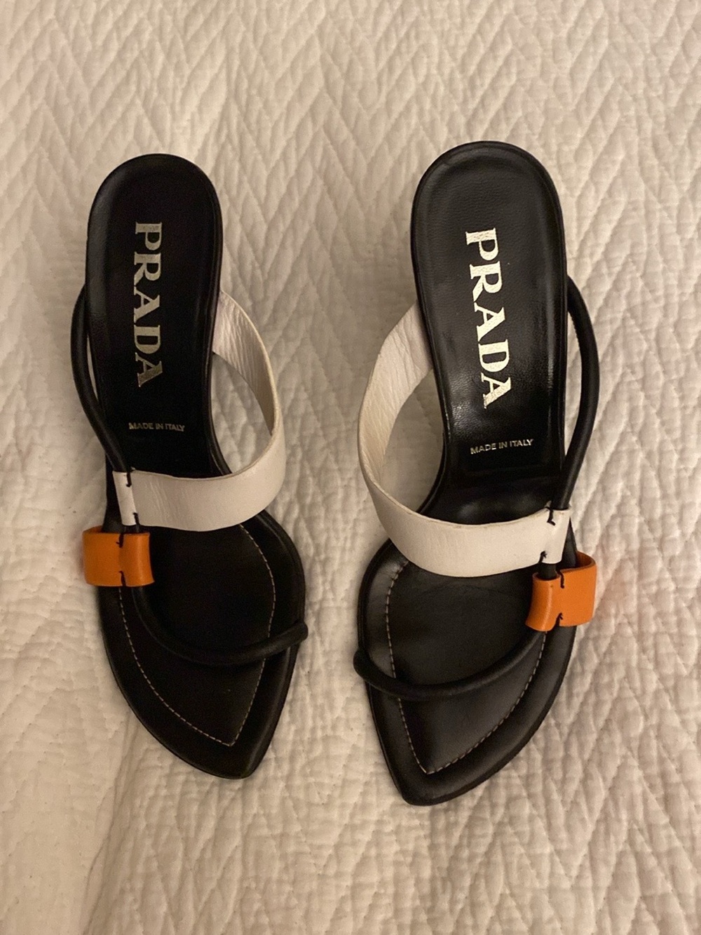 Prada Black, White & Orange Leather Slide Heels